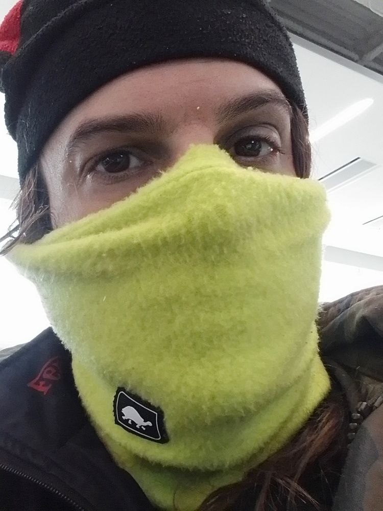 Miu maximally jacketed in highlighter yellow face mask in cat ear cap with blue eye shadow staring the fed officer in the face who gets to experience omniscience as a lost soul as santa muerte ministers