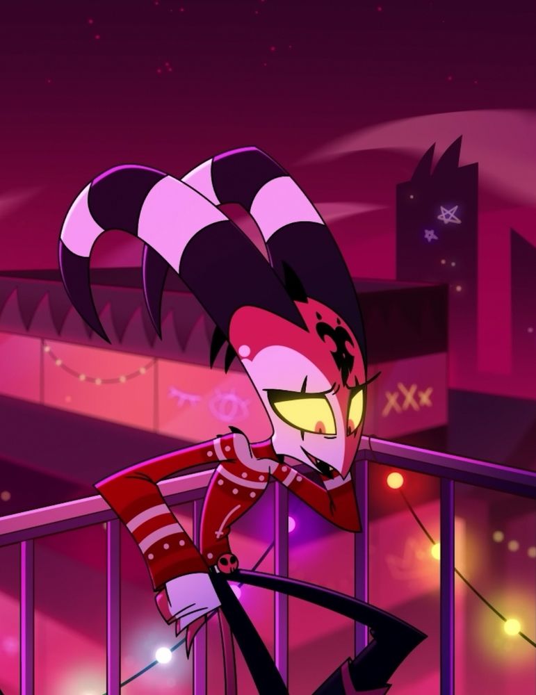 Blitz from Helluva Boss in his Sinsmas outfit. A red sweater with white and red stripes on the chest and sleeves, the red stripes have some white round designs. And a white reverse cross under the stripes. He also wears his mom's pendant as a belt, and his black boots.
He's leaning on the balcony railing. 