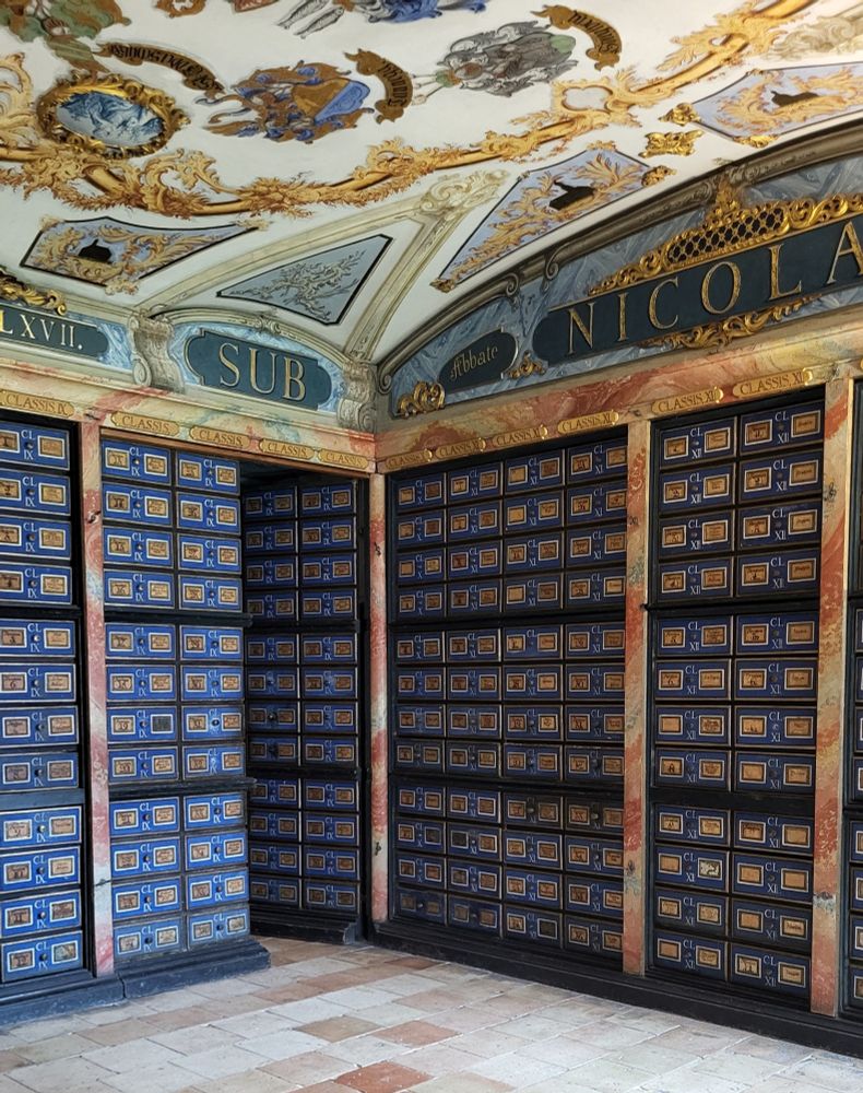 A small room with a peach stone floor, walls floor-to-ceilinf full of midnight blue drawers, and an intricately painted ceiling.