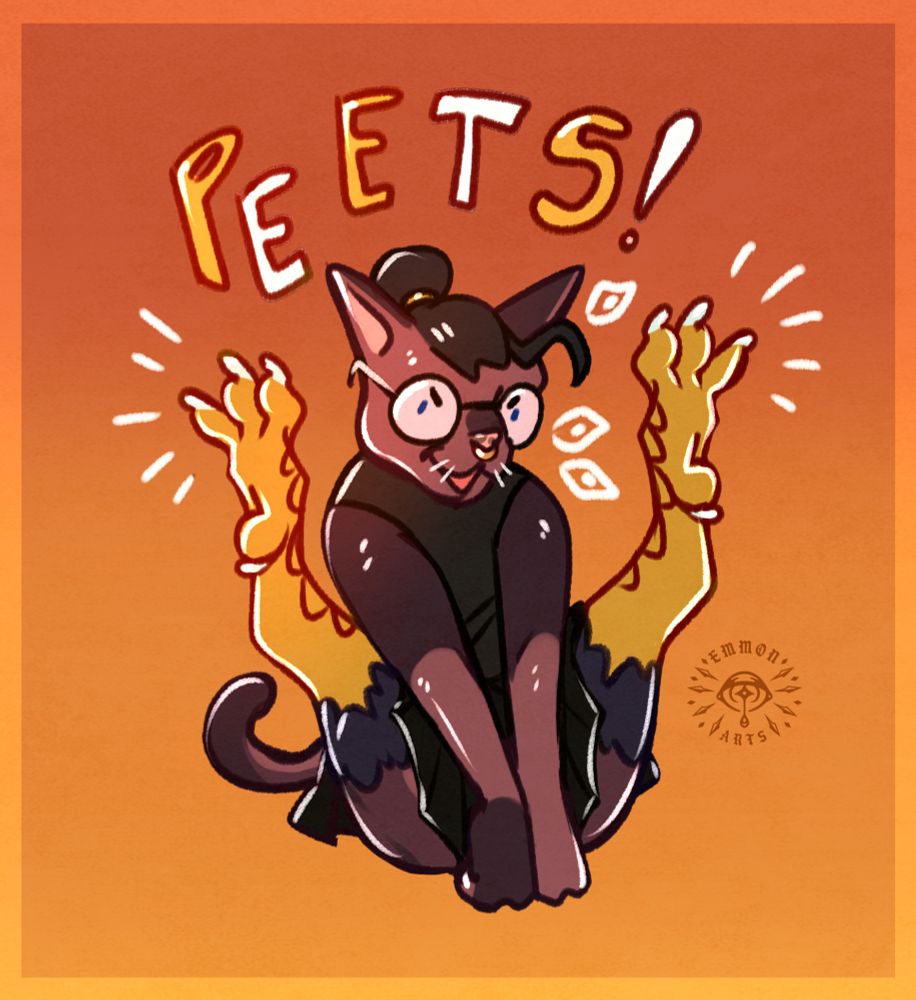 Cartoony doodle of an anthropomorphic cat sitting on the ground, holding the hem of their skirt down while sticking both their legs in the air. Their legs have recently been transformed to chicken legs from mid-thigh down. They grin mischievously and yell "PEETS!"