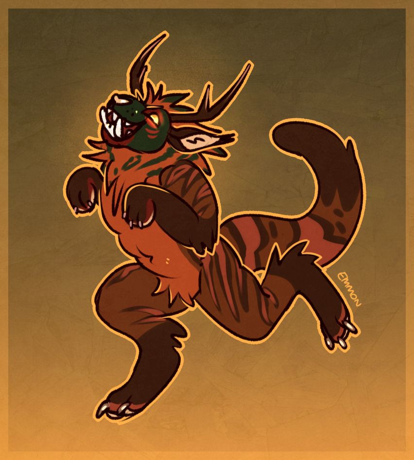 Cartoony drawing for a monster with a feline head, orcish tusks and cervine ears and antlers gleefully running around.