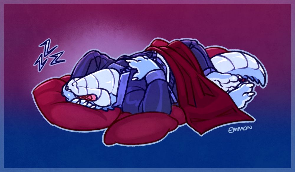 Cartoony drawing of a blue anthropomorphic alligator in silky pajamas passed out and snoring in a pile of pillows.