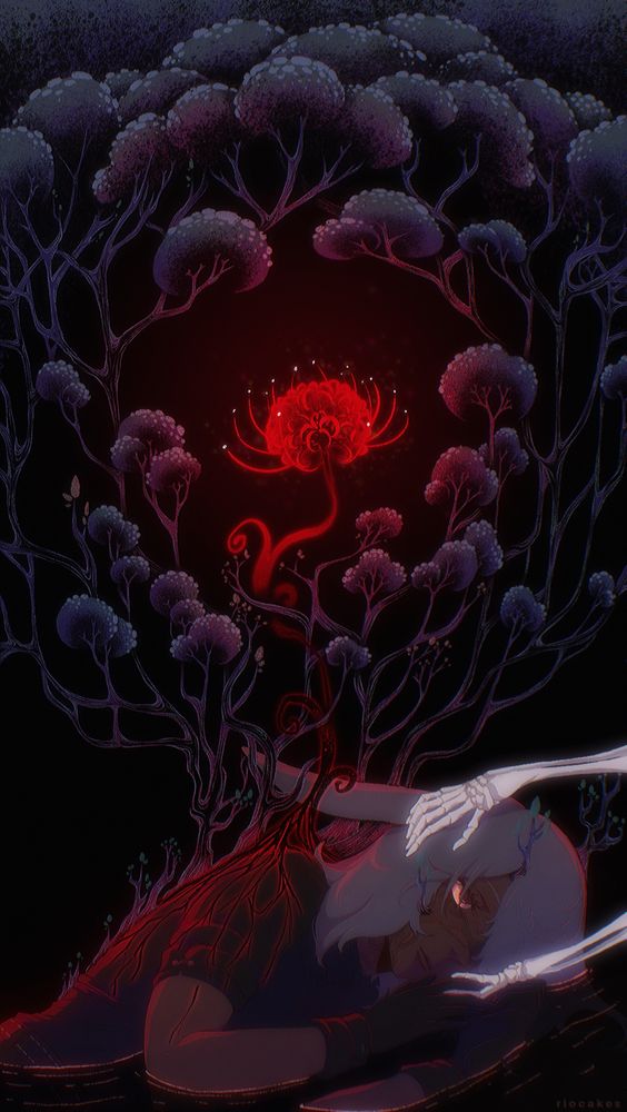 Male viera laying in a pool of dark water being comforted by a pair of skeletal hands in his grief, with plants sprouting out of his back, with a spider lily in the center of the piece