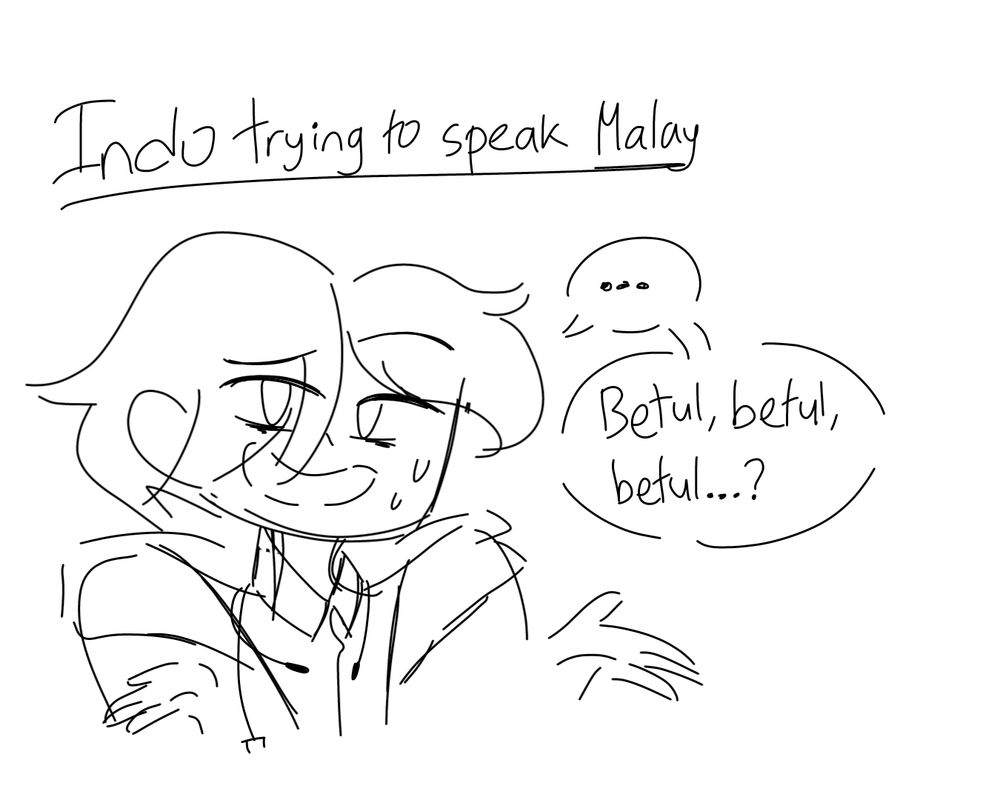 Countryhumans Indonesia coba ngomong bahasa Melayu. Ekspresinya malu. “…Betul, betul, betul?” 