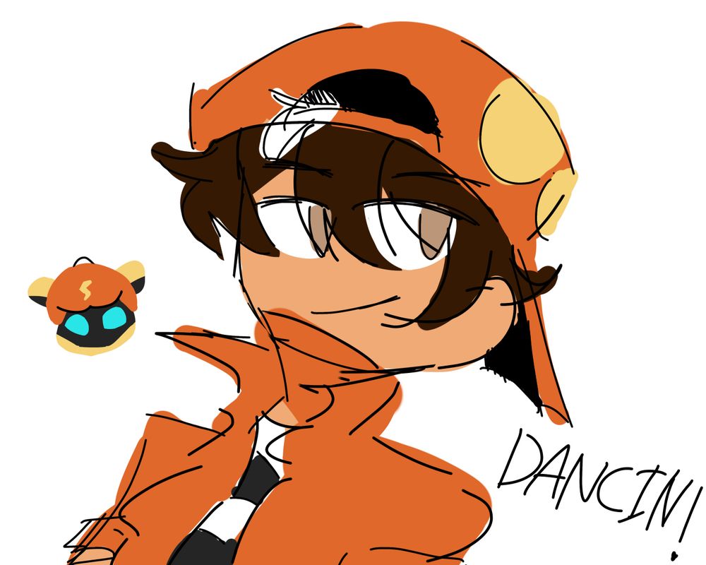 BoBoiBoy in a dancing outfit. He wears an orange vest with a black and white striped shirt underneath. His new cap retains the orange color and the yellow spots, but it’s more square shaped with no spikes on top. 

Ochobot is seen wearing BoBoiBoy’s usual cap. Text reads, “DANCIN!”