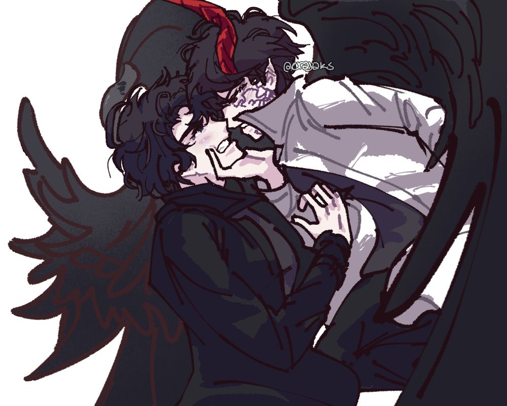 demon king of salvation kim dokja with his black wings spread gently holding a crying yoo joonghyuk's face by the chin (omniscient reader's viewpoint)