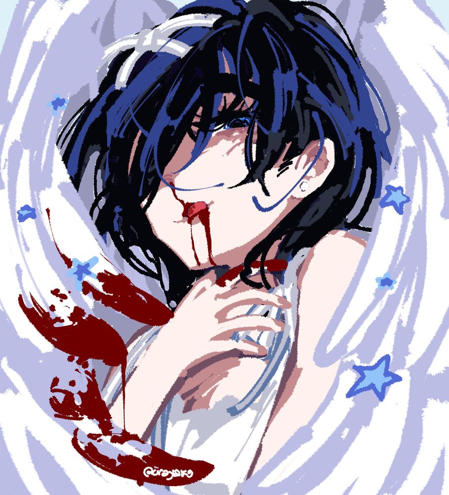 an angelic vision of sua wrapped in white wings drenched in crimson and blue stars as she licks and wipes off the blood off her nose