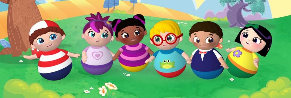 Still of opening sequence from Weebles animated series (2016-2017), showing six 3D animated children with no legs lined up side by side in the park.

From left to right:
Willie (Caucasian boy with blue eyes, brown curly hair, red and white striped shirt, blue bottom, red and white backward ball cap)
Willow (Caucasian girl with blue eyes, maroon hair with purple headband, lavender shirt with pink heart emblem, and purple bottom)
Winnie (Black girl with brown eyes and black hair in twin buns with purple bows, purple and pink striped shirt, and yellow bottom)
Winston (Caucasian boy with green eyes, red glasses, blue shirt with green frog emblem, and red bottom)
Wally (light brown boy with brown eyes, curly dark browm hair, white shirt, dark blue vest, red bow tie, blue bottom)
Wendy (Caucasian girl with purple eyes, straight black hair with purple streak and green bow, yellow shirt with purple flower emblem, and green bottom)