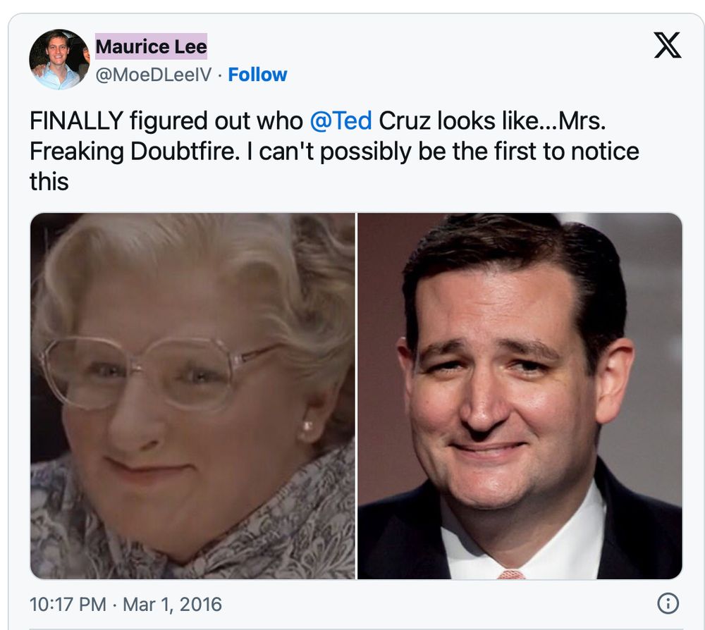 Tweet comparing Ted Cruz to fictional character Mrs. Doubtfire.