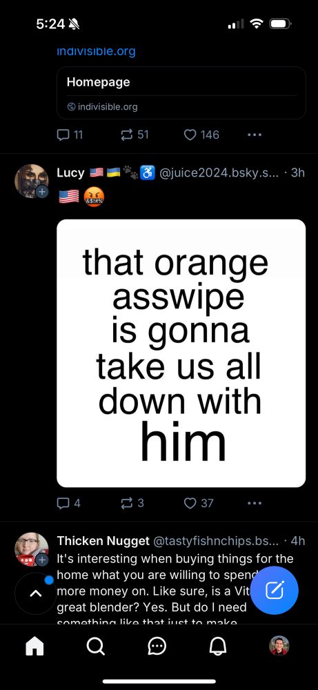Screenshot of my discover feed on Bluesky prominently featuring a tweet with no text but the text “that orange asswipe is gonna take us all down with him” in arial on a white background with no alt text