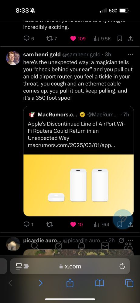 Screenshot. Tweet from macrumors: Apple's Discontinued Line of AirPort Wi-Fi Routers Could Return in an Unexpected Way

Quote tweet from Sam henri gold: here’s the unexpected way: a magician tells you “check behind your ear” and you pull out an old airport router. you feel a tickle in your throat. you cough and an ethernet cable comes up. you pull it out, keep pulling, and it’s a 350 foot spool