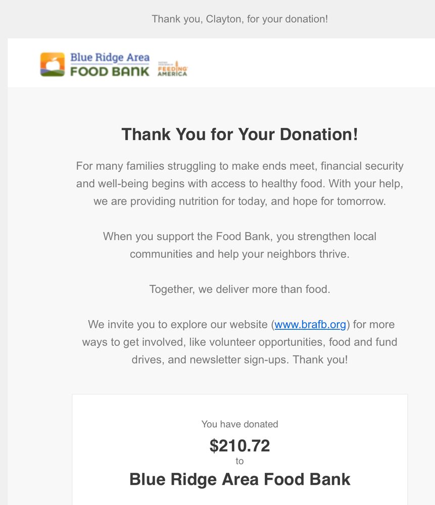 receipt for donation to Blue Ridge Area Food Bank for 210.72 dollars