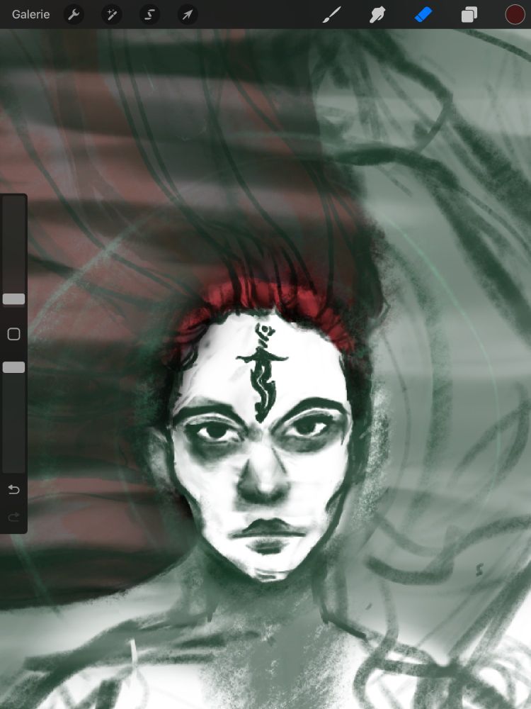Screenshot of a Sketch of a Diablo4 Necormancers face with hair and chest underwater only the white face sticking out with a Rathma tattoo on the forehead.