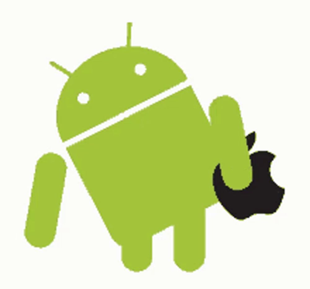 a green android with a black apple on its arm