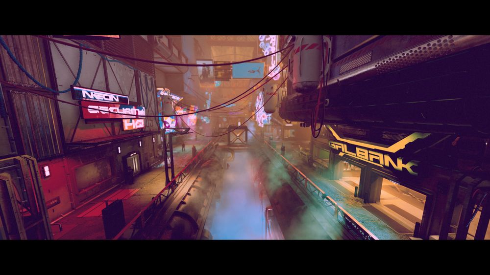 a shot of Neon's main thoroughfare, a galbank on the right side, the security HQ on the left.