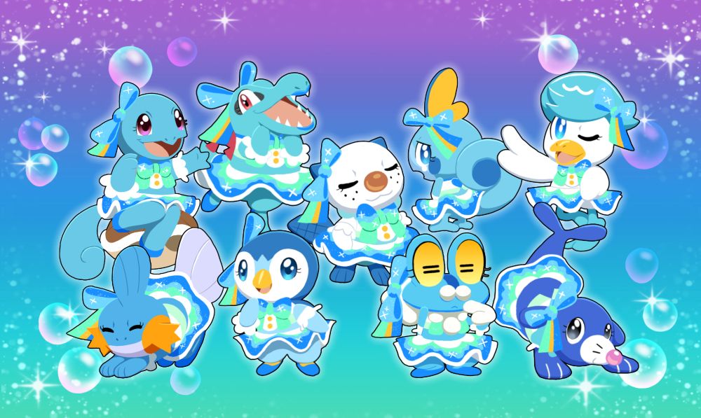 Every water-type Pokemon starter up to Generation 9 wearing a water-type themed variation of Pikachu Pop Star's outfit