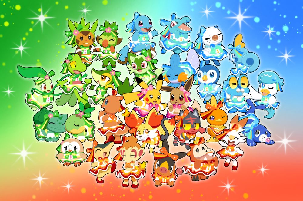 Every Pokemon starter up to Generation 9 (including Pikachu and Eevee) wearing a variation of Pikachu Pop Star's outfit
