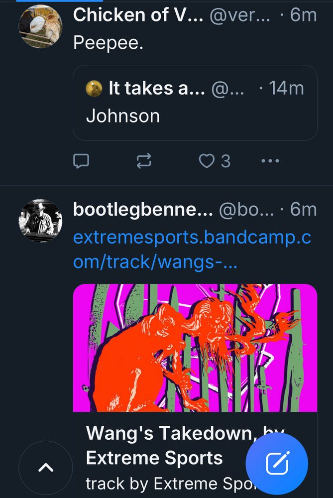 A quote post reading Peepee and Johnson, just after a post promoting Wang’s Takedown. 