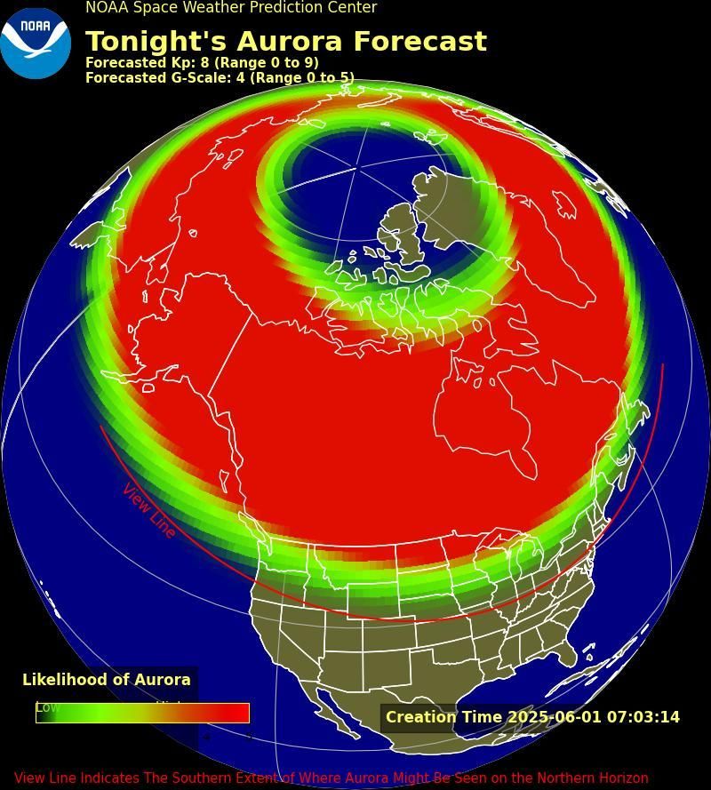 Map from NOAA titled showing North America and the North Pole with a color gradient overlay of aurora likelihood.