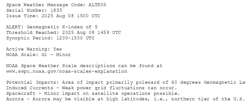Space Weather Message Code: ALTK05
Serial Number: 1833
Issue Time: 2025 Aug 08 1500 UTC

ALERT: Geomagnetic K-index of 5
 Threshold Reached: 2025 Aug 08 1459 UTC
Synoptic Period: 1200-1500 UTC
 
Active Warning: Yes
NOAA Scale: G1 - Minor

NOAA Space Weather Scale descriptions can be found at
www.swpc.noaa.gov/noaa-scales-explanation

Potential Impacts: Area of impact primarily poleward of 60 degrees Geomagnetic Latitude.
Induced Currents - Weak power grid fluctuations can occur.
Spacecraft - Minor impact on satellite operations possible.
Aurora - Aurora may be visible at high latitudes, i.e., northern tier of the U.S. such as northern Michigan and Maine.