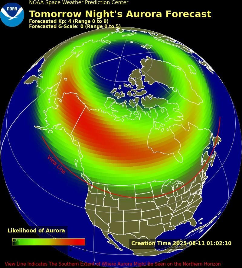 Map from NOAA titled showing North America and the North Pole with a color gradient overlay of aurora likelihood.