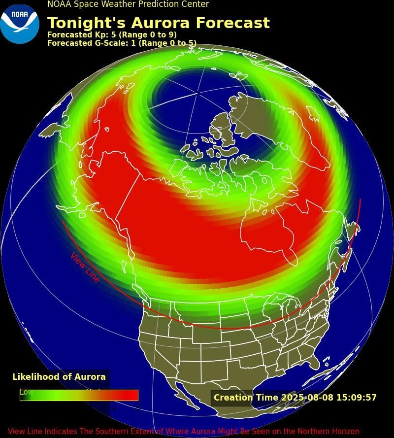 Map from NOAA titled showing North America and the North Pole with a color gradient overlay of aurora likelihood.