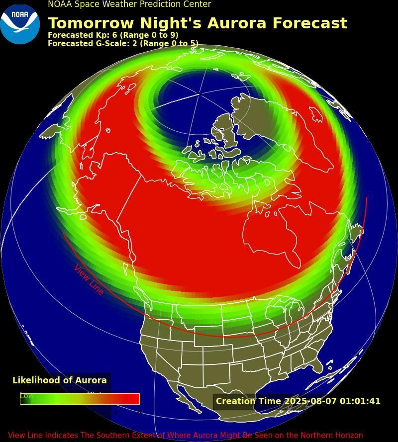 Map from NOAA titled showing North America and the North Pole with a color gradient overlay of aurora likelihood.