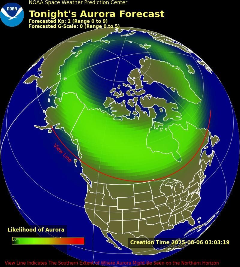 Map from NOAA titled showing North America and the North Pole with a color gradient overlay of aurora likelihood.