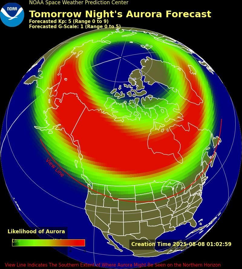 Map from NOAA titled showing North America and the North Pole with a color gradient overlay of aurora likelihood.