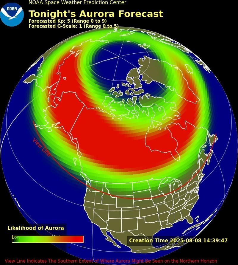 Map from NOAA titled showing North America and the North Pole with a color gradient overlay of aurora likelihood.