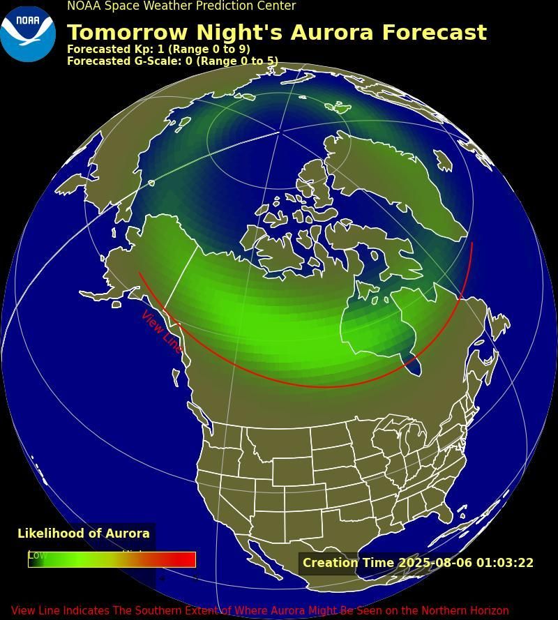 Map from NOAA titled showing North America and the North Pole with a color gradient overlay of aurora likelihood.