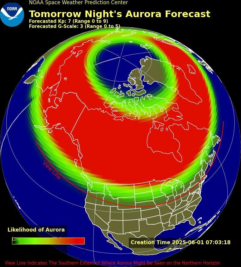 Map from NOAA titled showing North America and the North Pole with a color gradient overlay of aurora likelihood.