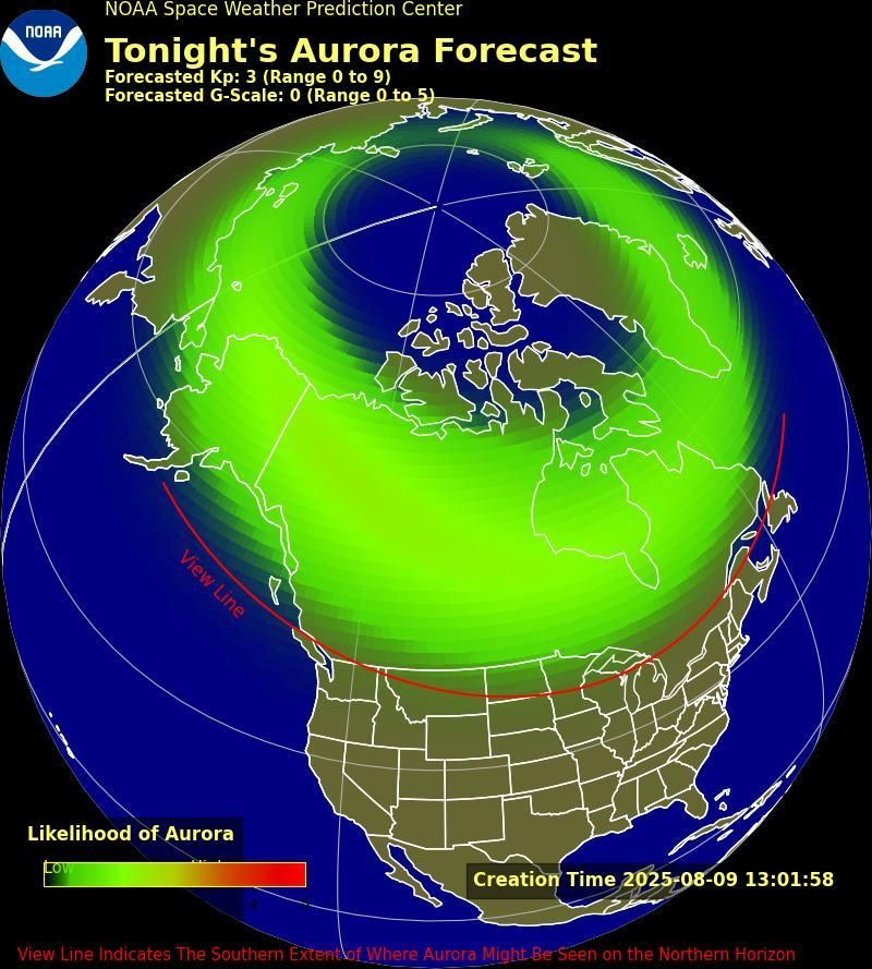 Map from NOAA titled showing North America and the North Pole with a color gradient overlay of aurora likelihood.