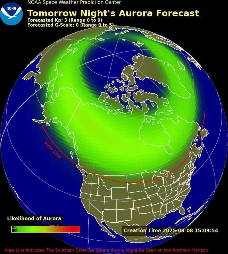 Map from NOAA titled showing North America and the North Pole with a color gradient overlay of aurora likelihood.
