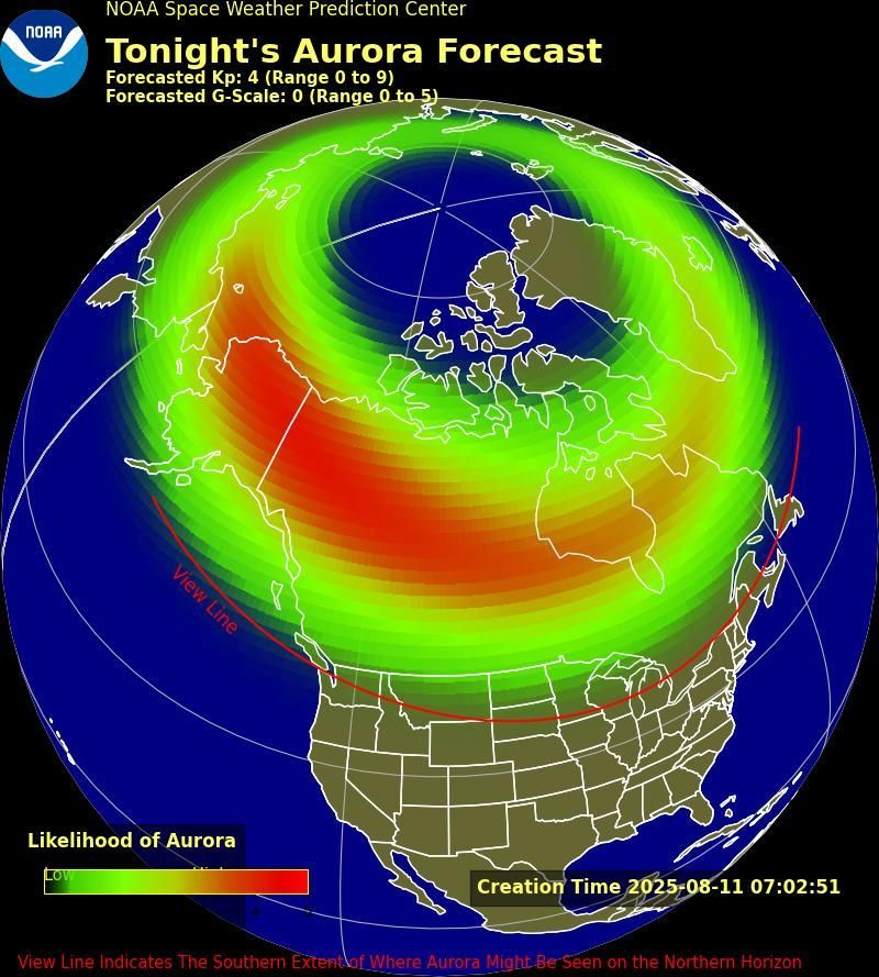 Map from NOAA titled showing North America and the North Pole with a color gradient overlay of aurora likelihood.