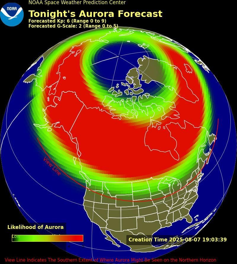 Map from NOAA titled showing North America and the North Pole with a color gradient overlay of aurora likelihood.