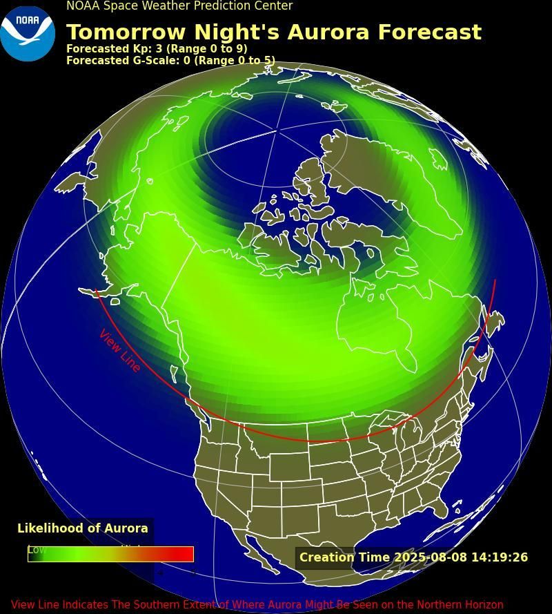 Map from NOAA titled showing North America and the North Pole with a color gradient overlay of aurora likelihood.