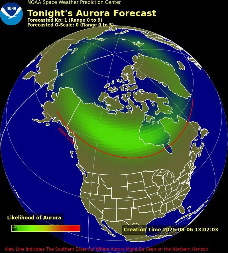 Map from NOAA titled showing North America and the North Pole with a color gradient overlay of aurora likelihood.