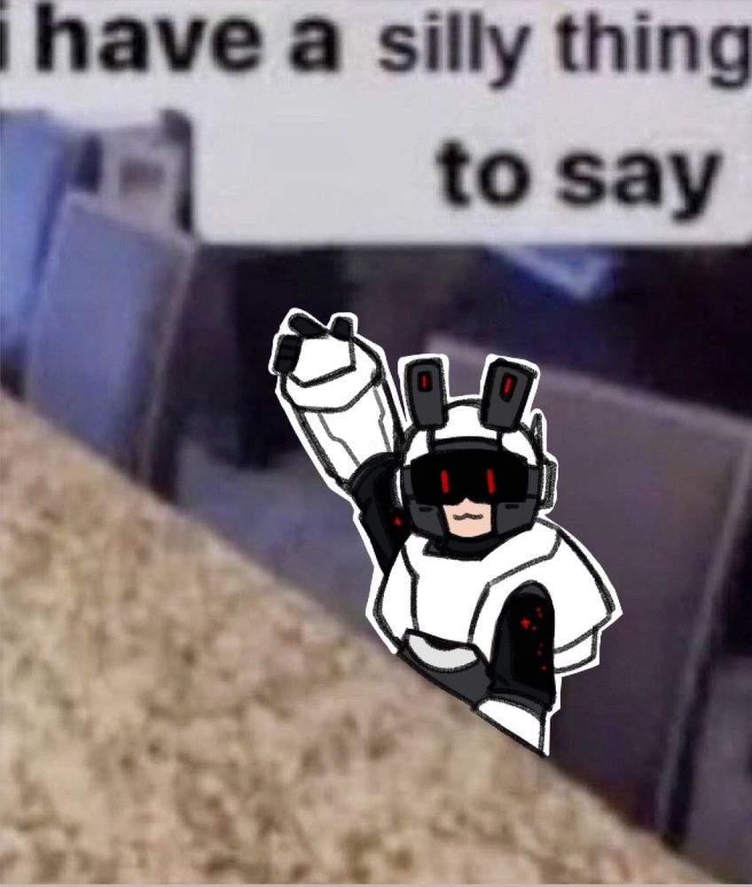 a redraw of the "I have a silly thing to say" meme with the little cat sitting at the conference table raising its hand, except the little cat is L-BION-016 Galaxy from megaman Bion AU. They do, in fact, have a silly thing to say