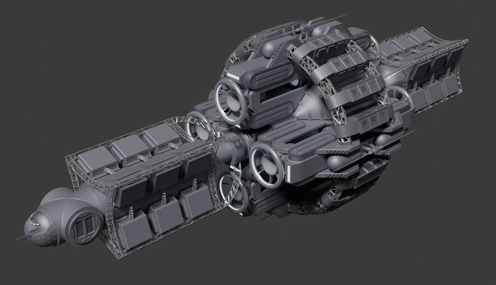 A rendered model of a colony transport ship. It has a round central frame with many attached storage compartments, four large grav drives around the central axis, and fore and aft colonist stasis compartments. At the very front are the bridge and main vehicle bays.