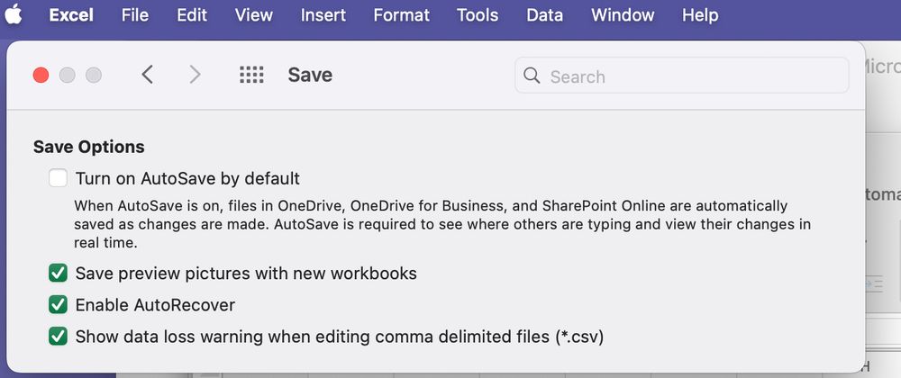 screenshot showing TUrn on AutoSave by default unchecked