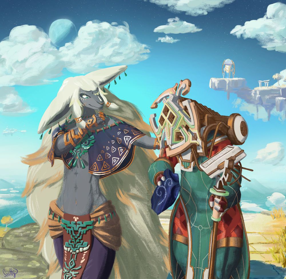 A painting by Scruffy of Rauru, a Zonai character from The Legend of Zelda: Tears of the Kingdom, walking with Solanum, a Nomai character from Outer Wilds. Rauru appears to be deep in thought with his left arm on Solanum's shoulder, while Solanum holds a staff and a shard of rock with spiraling Nomai text written on it. They walk on a sky island from Tears of the Kingdom, and several other islands and clouds are visible in the background. One background island has Solanum's Nomai spaceship perched atop it, and behind the cloud cover, the Quantum Moon from Outer Wilds can be seen in the blue sky.