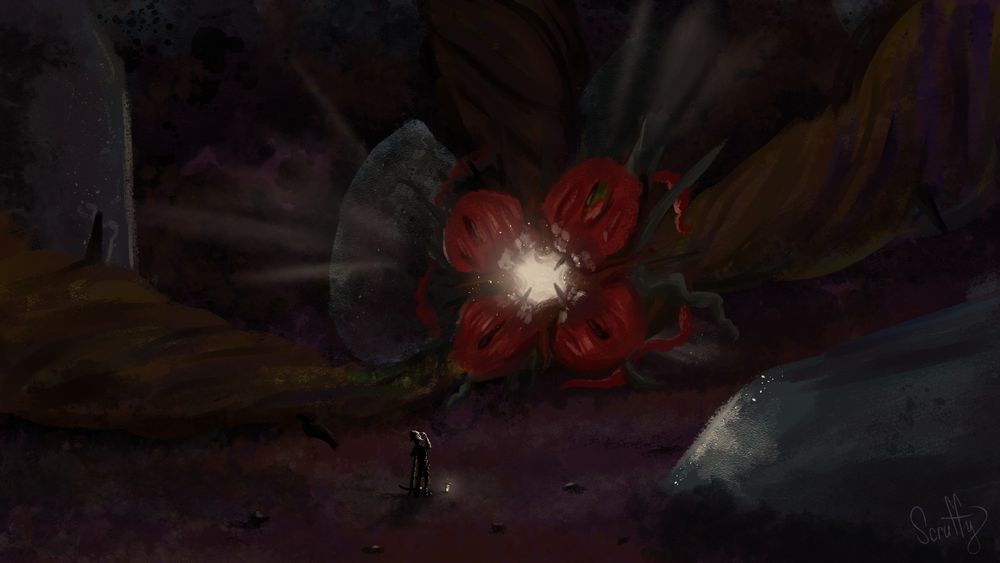 A painting by Scruffy of a scene from the game Outer Wilds: a Hearthian named Tektite beholds a strange, large, glowing seed that has landed and quickly sprouted roots on the planet Timber Hearth.