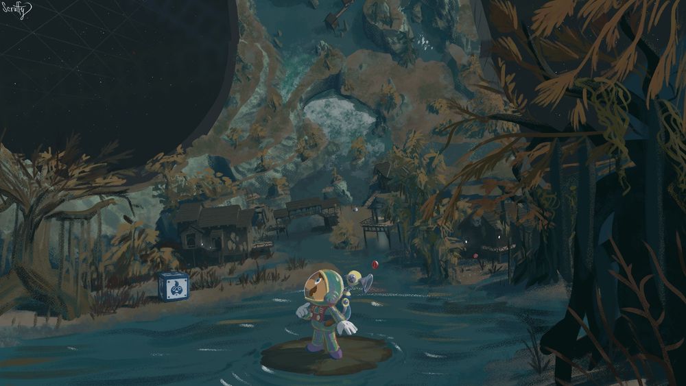 A painting by Scruffy of Super Mario in a spacesuit wearing his water pump, F.L.U.D.D., on his back. He is floating on a lily pad down a river inside the ring world of The Stranger from Outer Wilds. Some F.L.U.D.D. nozzle boxes are visible in the distance, and eight Red Coins are hidden throughout the image.