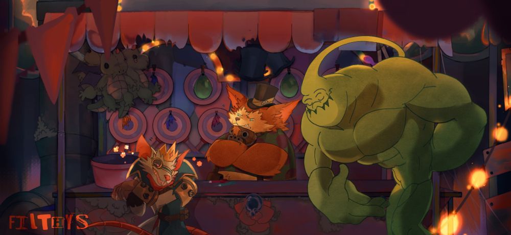 Twitch and Zac in front of a carnival booth at the August Fairgrounds with Chump Whump the yordle managing the stand. The game is a darts game. Twitch, with his superior aim, won and was rewarded a kingly crown. Twitch is satisfied while Zac plays along, bowing down. Chump's just glaring at the smug rat.