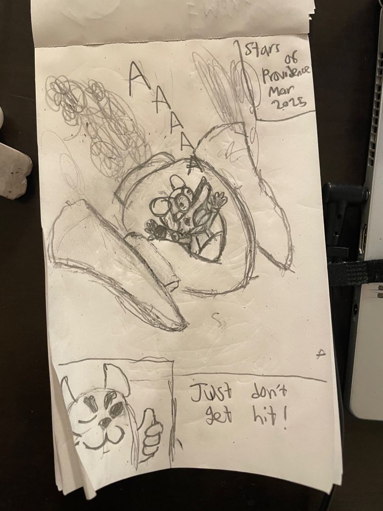 Star of Providence game doodle: zeph the rat falling from the sky in the spaceship from Star of providence with the cat shopkeeper giving him the sagely advice of “Just don’t get hit!” This advice did not help.