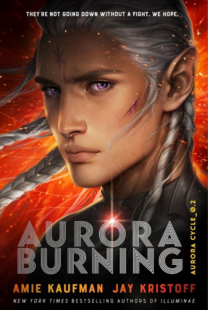Portrait of a young man with white/silver hair in braids. He has pointed ears and a mark of three crossed swords on his forehead. The background seems du be burning.