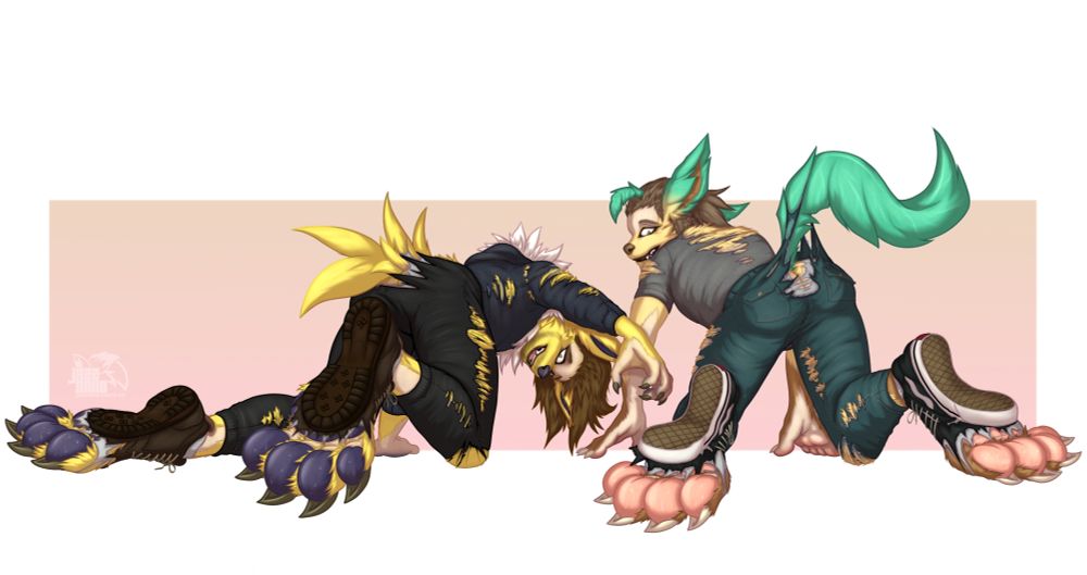 Two humans transforming into eeveelutions, one a Jolteon and the other a Leafeon. Both of them watch as their new tails burst from their pants and feet now paws burst from their shoes