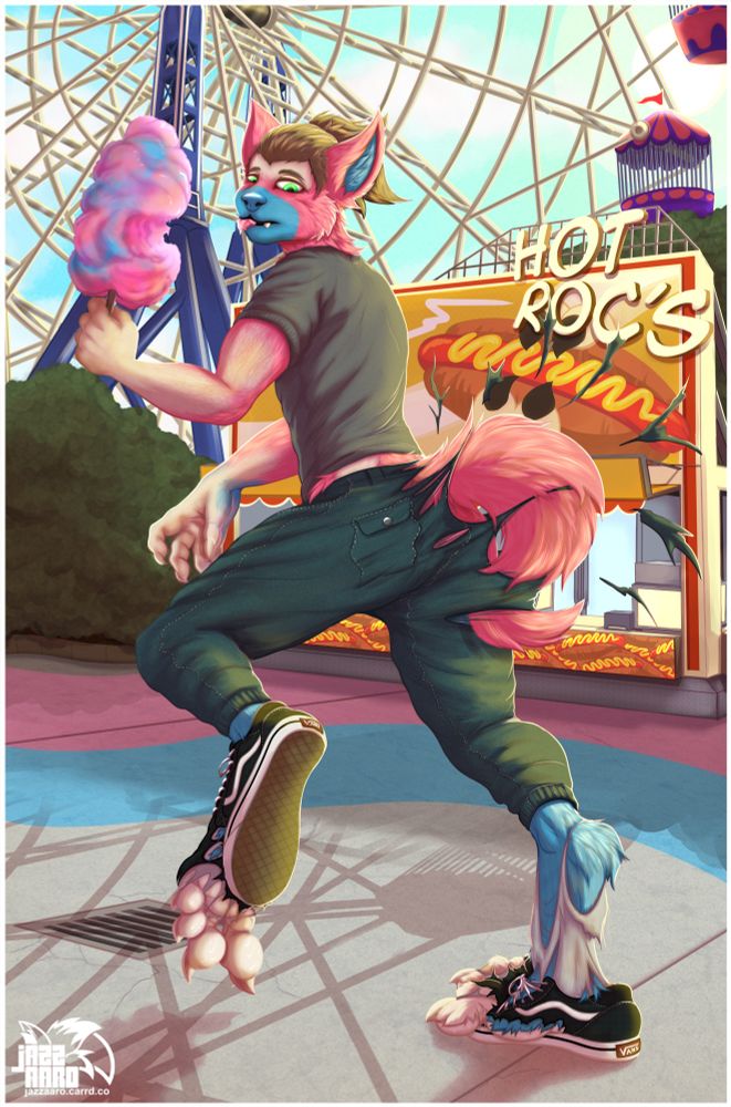 A human transforming into a pink & blue wolf in the middle of a theme park after eating some cotton candy