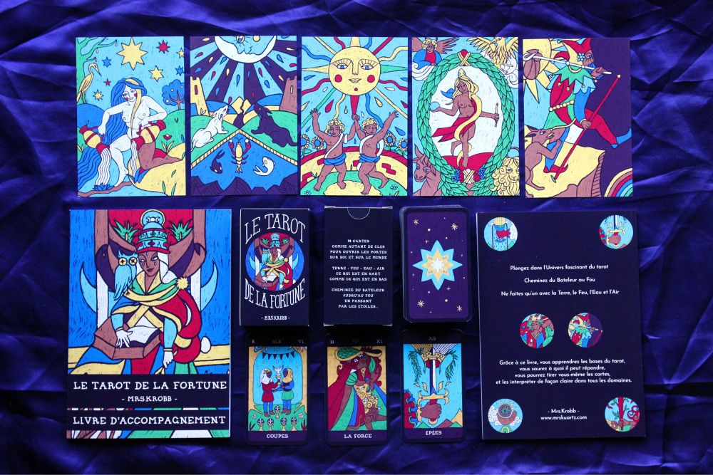 Photo de présentation du Tarot de la Fortune avec le boîtier recto et verso, le livret recto et verso, les cartes postales, trois cartes face visible et le dos des cartes.